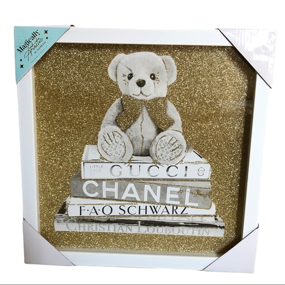 🆕 Oliver Gal Teddy Bear Gucci Chanel FAO Schwarz Louboutin Framed Nursery Art - Picture 1 of 2